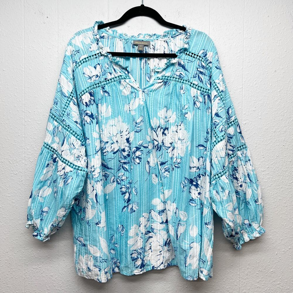 Style & Co. Floral Top Womens 4X Cottage Boho Puff Sleeve 100% Breathable Cotton